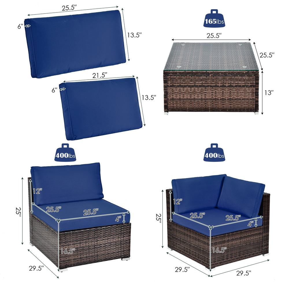 Patio rattan furniture set with navy cushions and glass coffee table, featuring a sturdy steel frame for outdoor use.