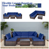 6-piece patio rattan furniture set with navy cushions and glass coffee table, perfect for outdoor relaxation.