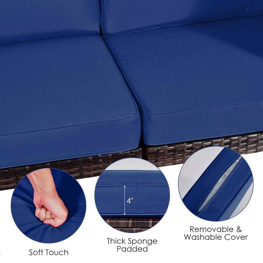 Close-up of navy cushion with soft touch and thick sponge padding, featuring a removable and washable cover for easy.