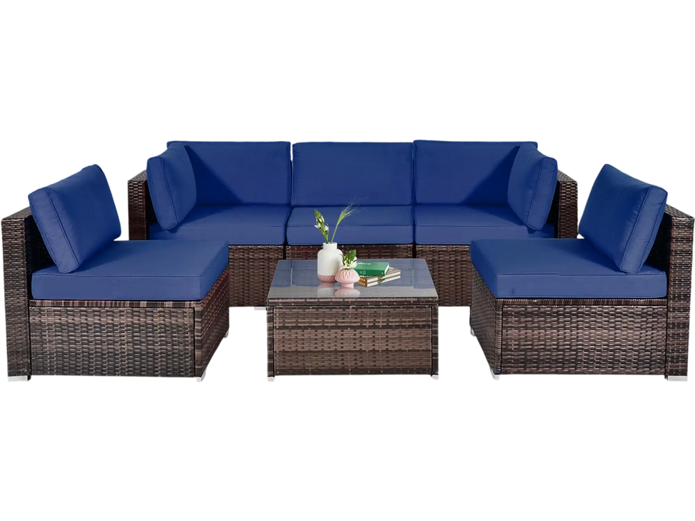L-shaped patio rattan sofa set with navy cushions, featuring a durable steel frame for comfort and style in outdoor.