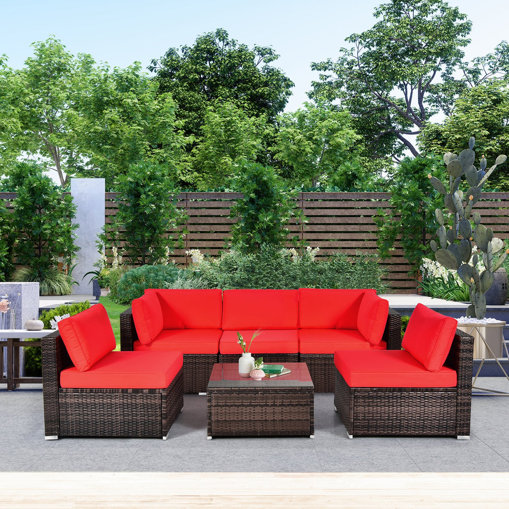 6 Pieces Patio Rattan Furniture Set with Cushions and Glass Coffee Table-Red - Gallery View 1 of 10