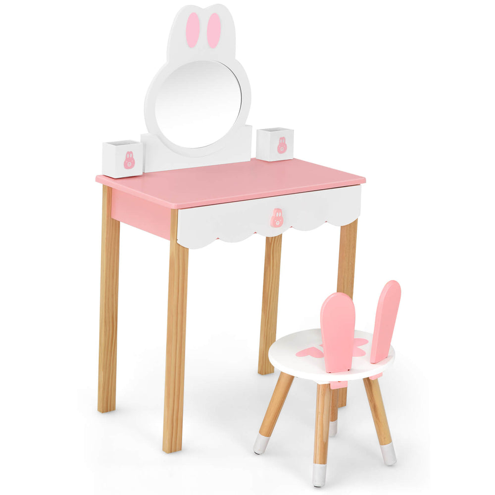 Kids Vanity Set Rabbit Makeup Dressing Table Chair Set with Mirror and Drawer-Pink - Gallery View 1 of 12