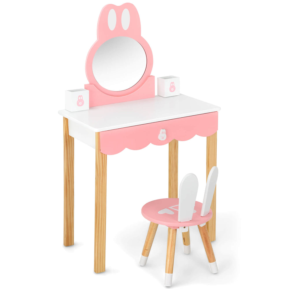 Kids Vanity Set Rabbit Makeup Dressing Table Chair Set with Mirror and Drawer-White - Gallery View 1 of 12
