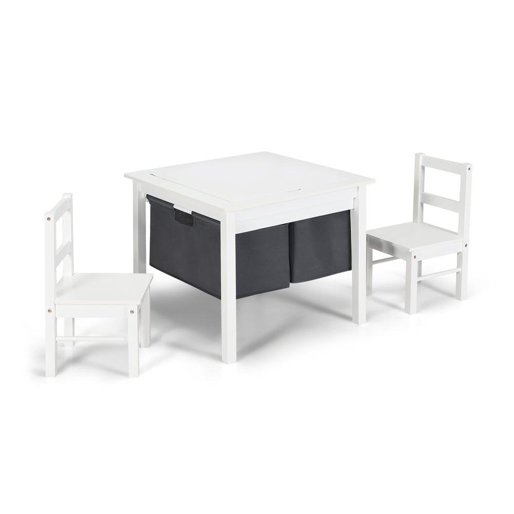 White kids activity table with under-table storage drawers, paired with two ergonomic chairs for comfortable play and.