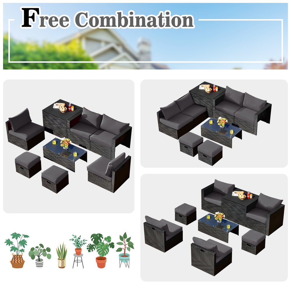 8-piece gray patio rattan furniture set with storage table, ottomans, and soft cushions for versatile outdoor.