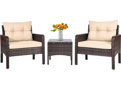 Costway 3-Pc Outdoor Patio Rattan Conversation Set w/ Seat Cushions 71840263 New