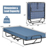 Rollaway guest bed with navy memory foam mattress, sturdy steel frame, and smooth rolling wheels for easy storage.