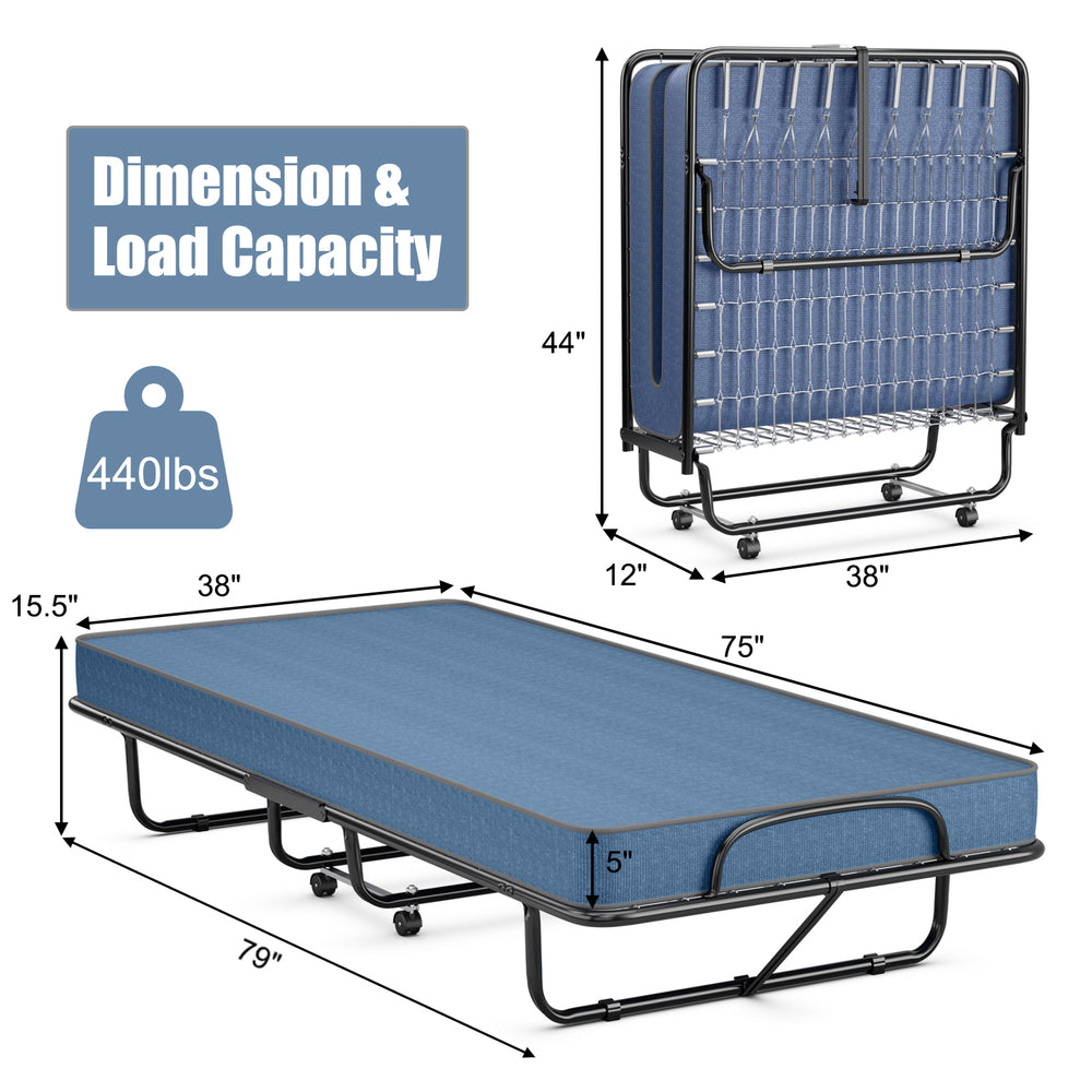 Rollaway guest bed with navy memory foam mattress, sturdy steel frame, and smooth rolling wheels for easy storage.