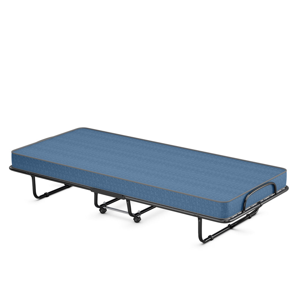 Rollaway guest bed with navy memory foam mattress and sturdy steel frame, perfect for easy storage and transport.
