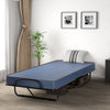 Rollaway guest bed with navy memory foam mattress and sturdy steel frame, perfect for easy storage and transportation.