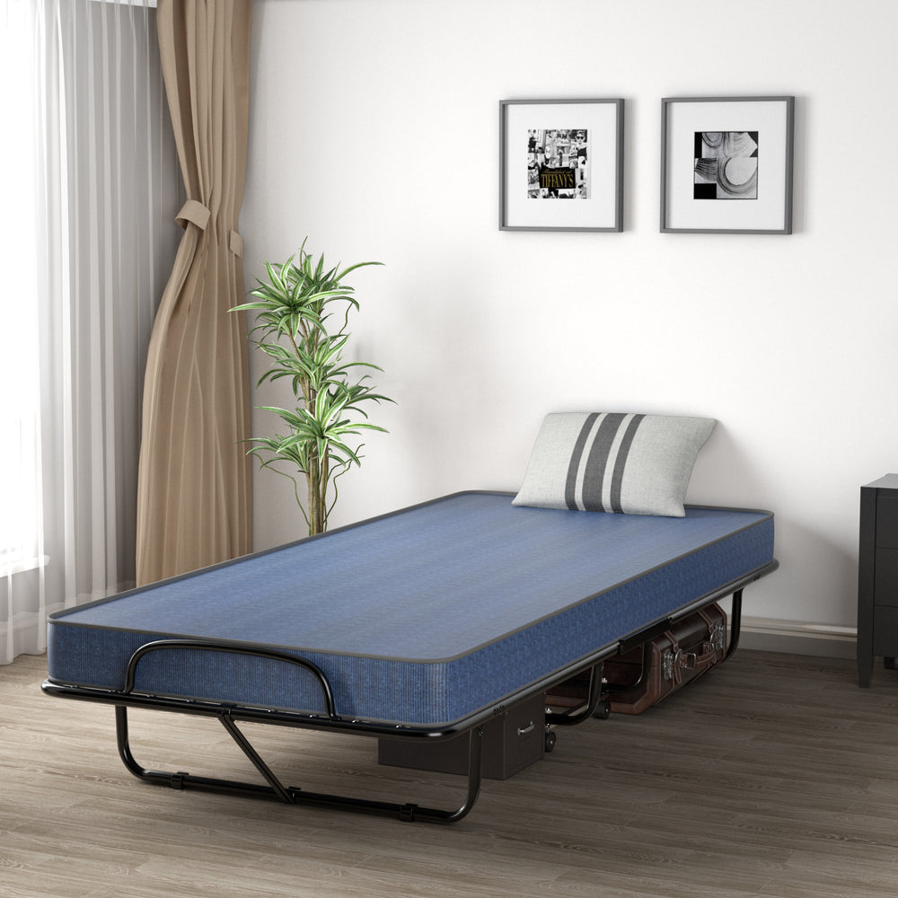 Rollaway guest bed with navy memory foam mattress and sturdy steel frame, perfect for easy storage and transportation.