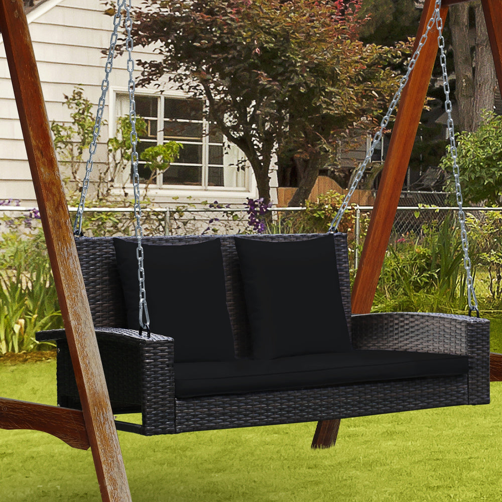 2-Person Patio Rattan Porch Swing with Cushions-Black - Gallery View 1 of 12