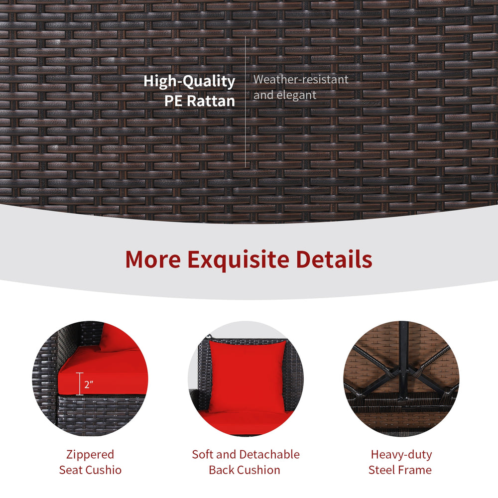 Close-up of high-quality PE rattan texture on a 2-person patio swing with red cushions, ideal for outdoor relaxation.