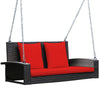Rattan porch swing with red cushions, featuring a sturdy 2-seat design and solid steel chains for outdoor relaxation.