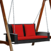 Rattan porch swing with red cushions, designed for two, featuring sturdy steel chains for outdoor relaxation.