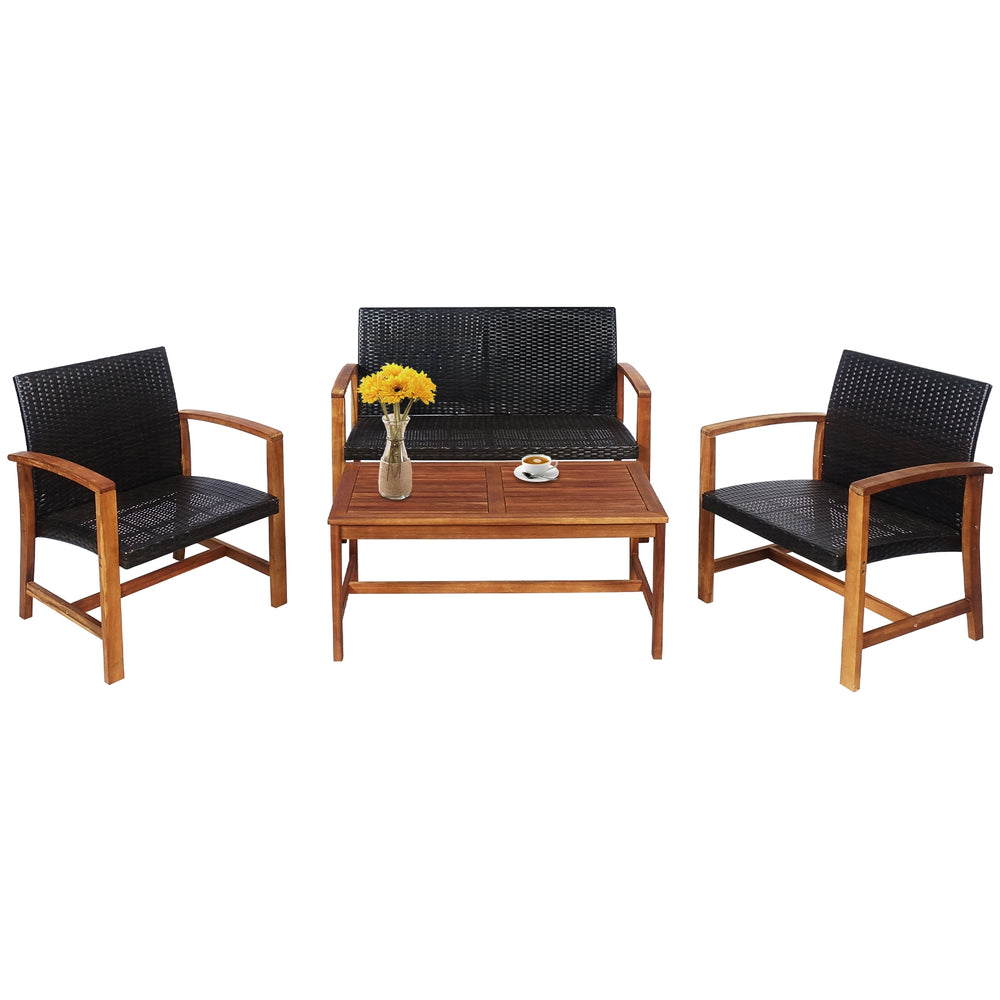 4-piece patio furniture set featuring solid acacia wood and brown PE rattan, ideal for outdoor relaxation.