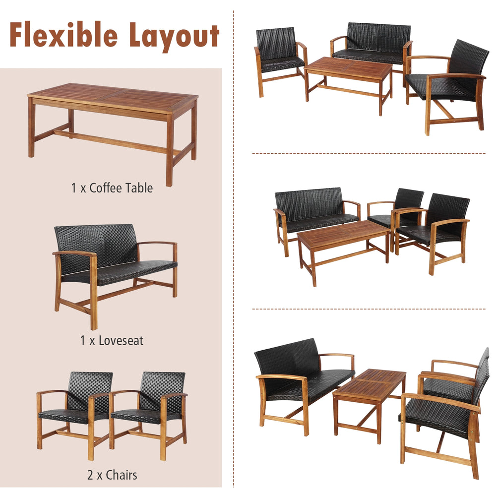 4-piece PE rattan patio furniture set featuring a coffee table, loveseat, and 2 chairs, perfect for outdoor relaxation.