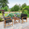 Two chairs and a coffee table from a 4-piece PE rattan patio furniture set with solid acacia wood, ideal for outdoor.