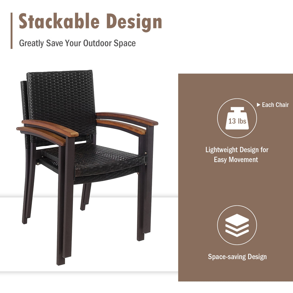 Stackable outdoor patio dining chair set with PE rattan, lightweight design, and curved acacia wood armrests for.
