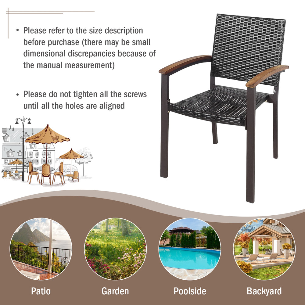 Stackable outdoor patio dining chair with PE rattan, acacia wood armrests, and a sturdy steel frame for garden use.