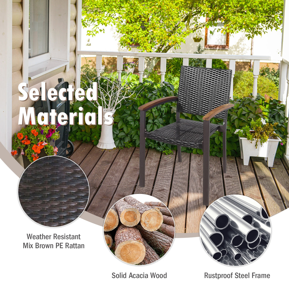 Stackable outdoor patio dining chair made of weather-resistant PE rattan and rustproof steel frame, ideal for gardens.