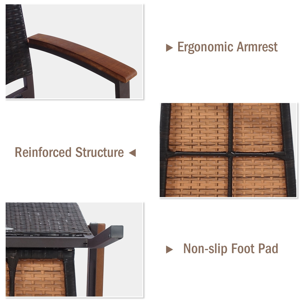 Close-up of ergonomic armrest and reinforced structure of stackable outdoor patio PE rattan dining chairs for stability.