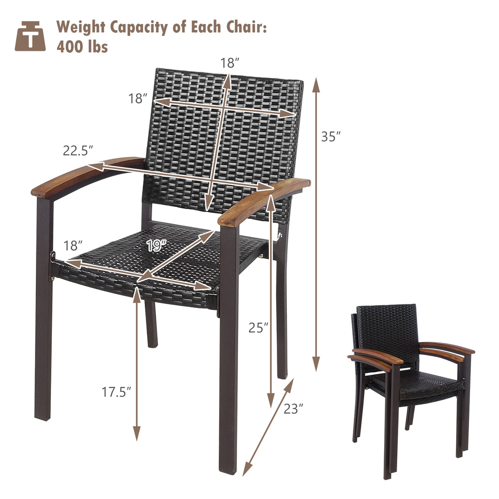 Stackable outdoor patio dining chair with PE rattan, steel frame, and acacia wood armrests, ideal for garden use.