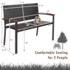 Outdoor patio rattan wicker bench with acacia wood armrests, sturdy steel frame, comfortable seating for 2 people.
