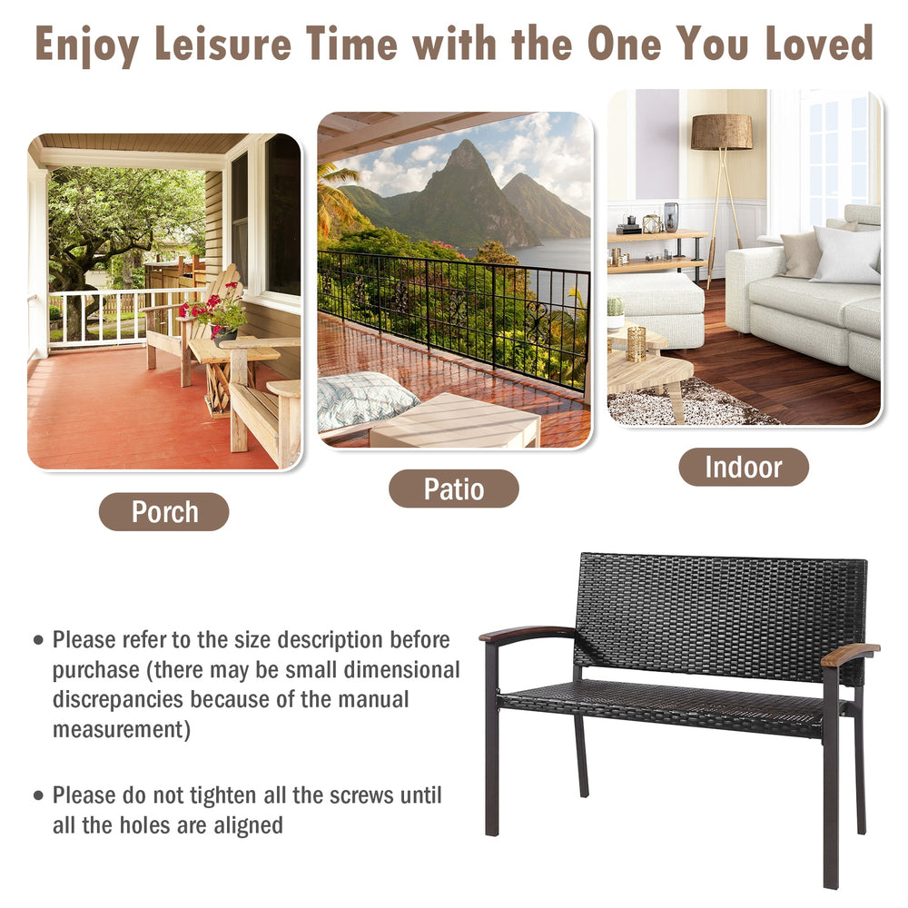Outdoor patio rattan wicker bench with armrests, made of PE rattan and steel, suitable for garden or indoor use.