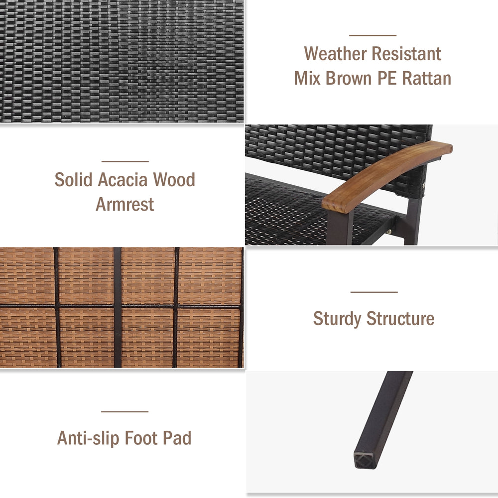 Close-up of the outdoor patio rattan wicker bench with solid acacia wood armrests, featuring weather-resistant PE.