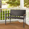 Outdoor patio rattan wicker bench with acacia wood armrests, featuring a durable PE rattan design for garden relaxation.