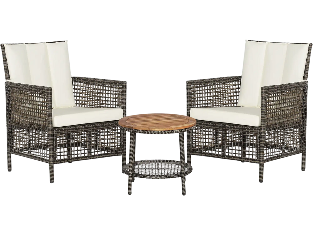 Two cushioned patio chairs with ergonomic design and fixing straps for comfort, ideal for outdoor seating and.