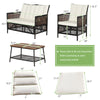 Loveseat and coffee table from the 4-piece patio rattan furniture set with white cushions and acacia wood top.