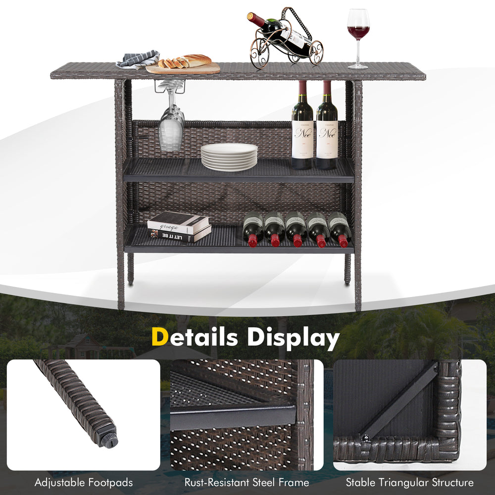 Outdoor wicker bar table with two metal mesh shelves, featuring a sturdy steel frame and adjustable footpads for.