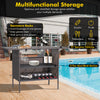 Outdoor wicker bar table with 2 metal mesh shelves and stemware rack, perfect for backyard and poolside gatherings.