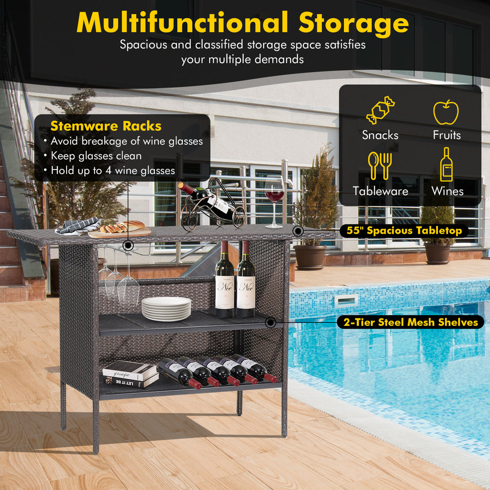 Outdoor wicker bar table with 2 metal mesh shelves and stemware rack, perfect for backyard and poolside gatherings.