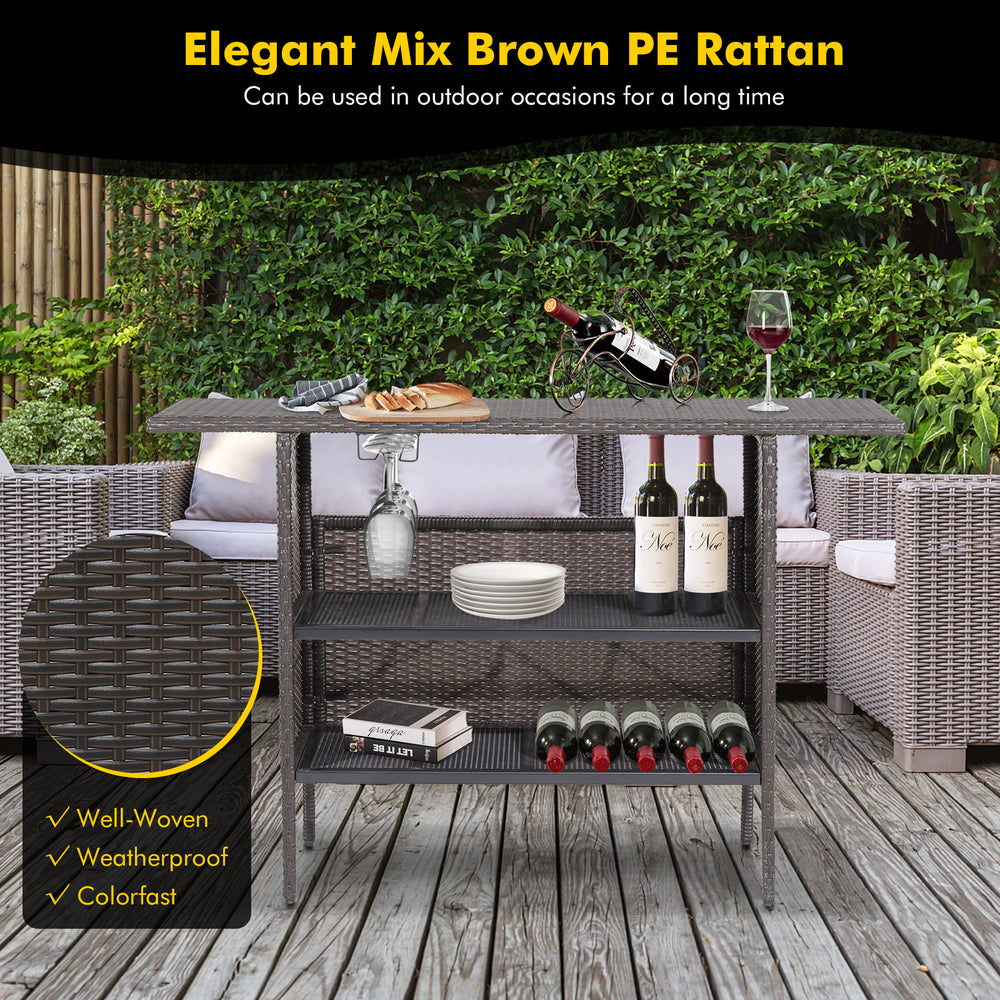 Outdoor wicker bar table with 2 metal mesh shelves, made of weatherproof PE rattan, ideal for backyard relaxation.