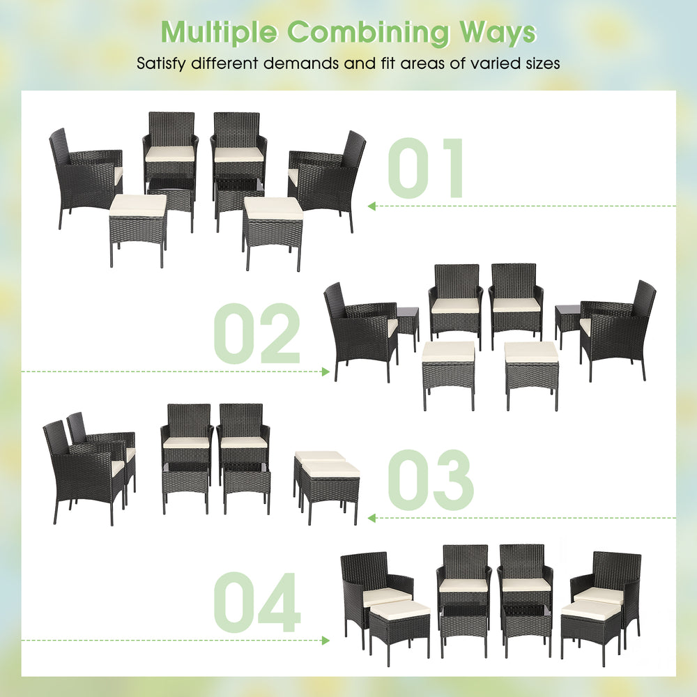 8-piece patio wicker conversation set featuring 4 chairs, 2 ottomans, and 2 coffee tables for versatile outdoor use.
