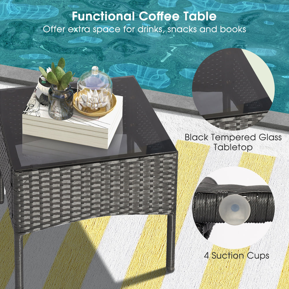 Black tempered glass tabletop coffee table with PE rattan design and suction cups, perfect for outdoor use.