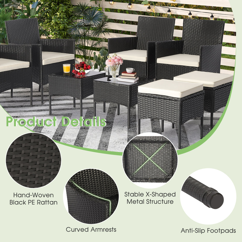 8-piece patio wicker conversation set featuring black PE rattan, ergonomic chairs, and two coffee tables for outdoor.