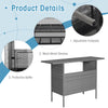 Outdoor patio wicker bar table with metal shelves, 55-inch tabletop, adjustable footpads, perfect for outdoor use.