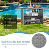 Outdoor patio wicker bar table with metal shelves, hand-woven gray PE rattan, perfect for garden or poolside use.