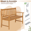2-person outdoor acacia wood bench with backrest, featuring ergonomic armrests and slatted design for breathability.