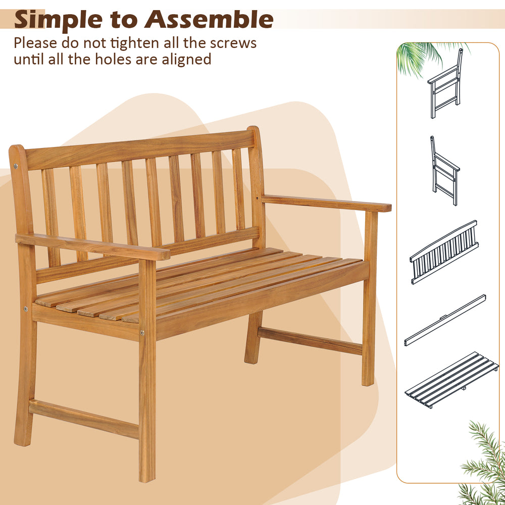 2-person outdoor acacia wood bench with backrest, featuring ergonomic armrests and slatted design for breathability.