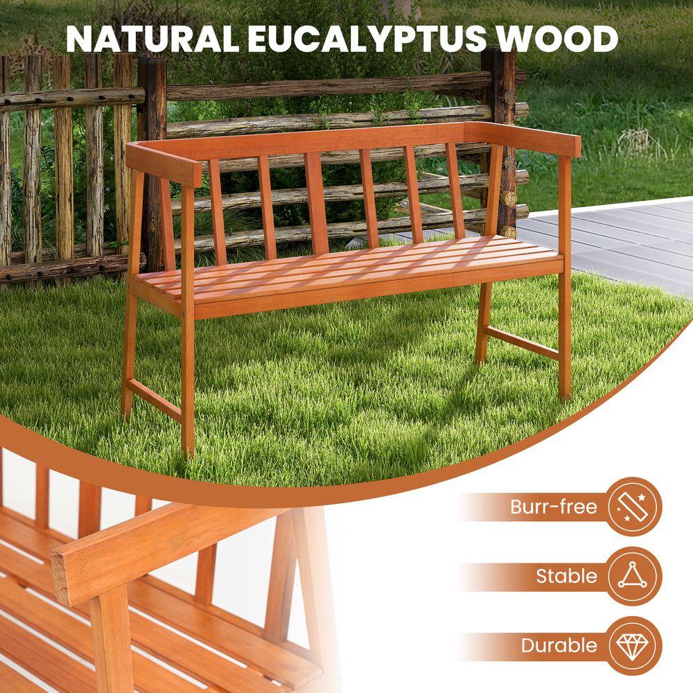 Outdoor eucalyptus wood bench with backrest and armrests, durable and stable, perfect for patio or garden seating.