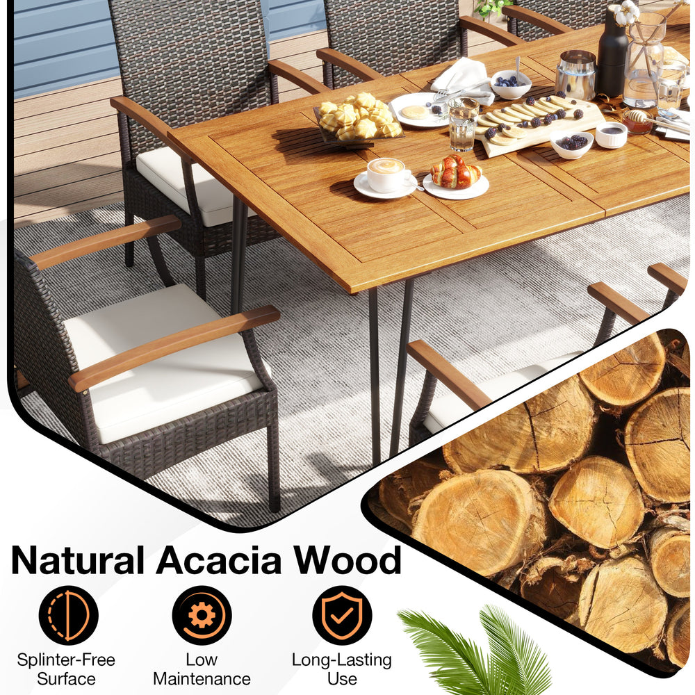 9-piece outdoor patio dining set featuring a square acacia wood table with umbrella hole and 8 cushioned armchairs.