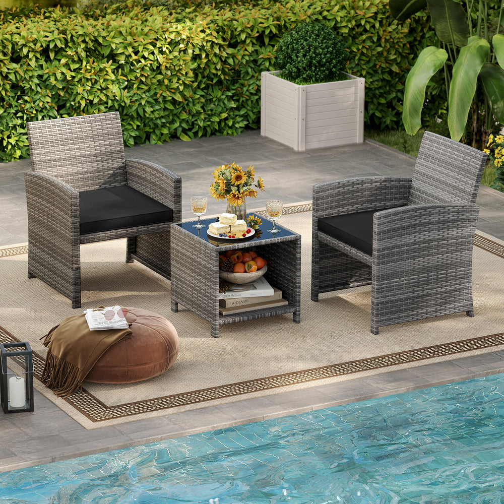 3 Pieces Patio Furniture Set with Tempered Glass Coffee Table and Soft Seat Cushions-Black - Gallery View 1 of 10