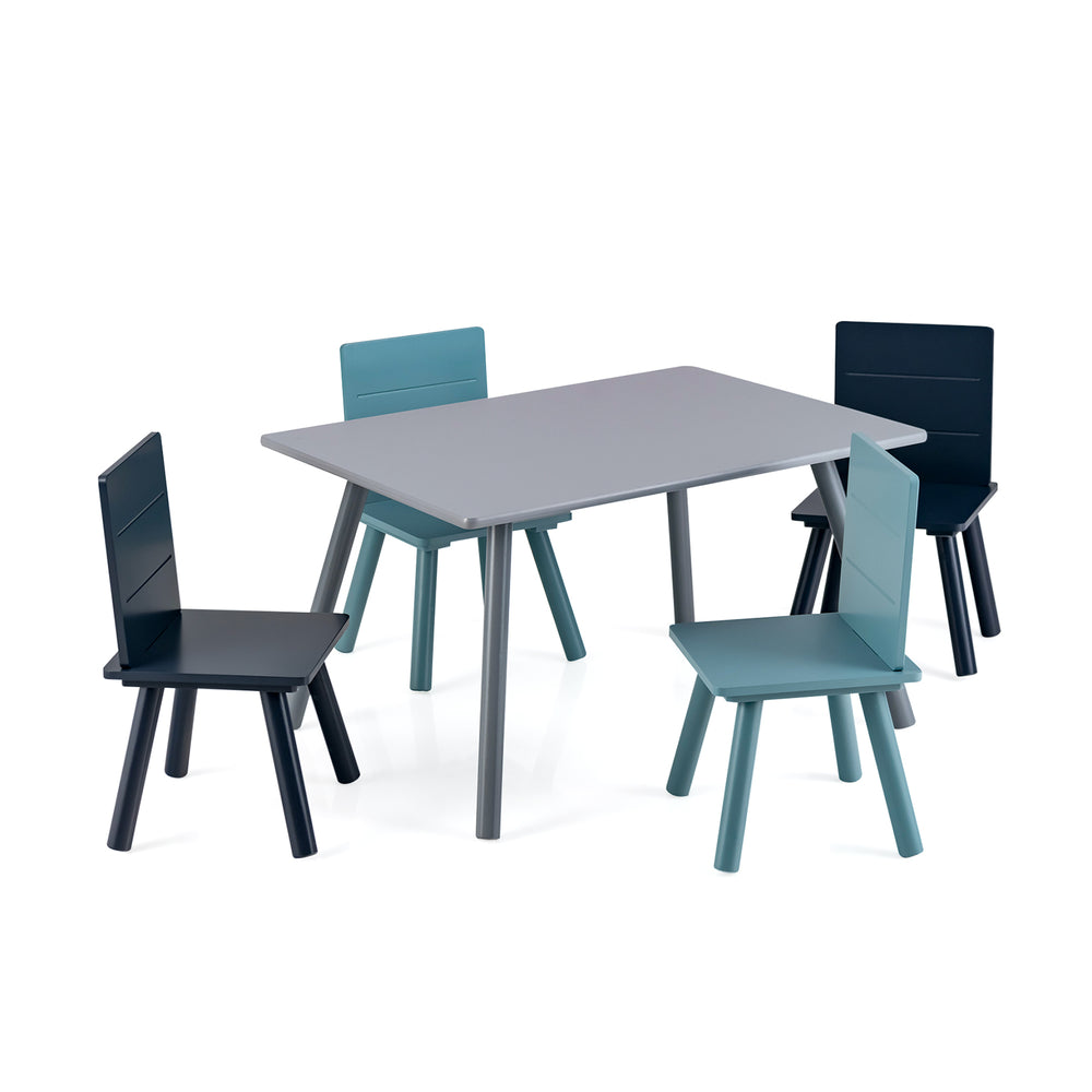 Kids wooden activity play furniture set featuring a large tabletop and ergonomic chairs, ideal for playroom use.