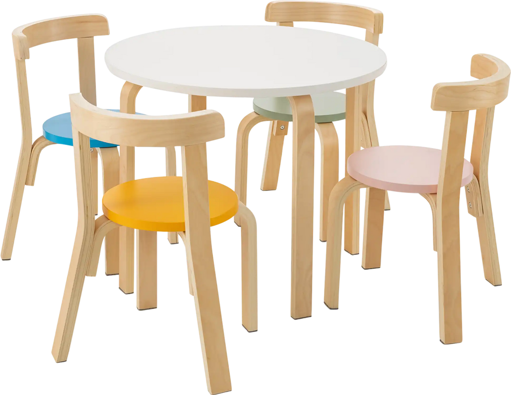 Round kids activity table with four colorful chairs, made of poplar and birch wood, perfect for playrooms and.