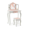Kids vanity table set with tri-folding mirror in pink and white, featuring a large drawer and sturdy MDF construction.
